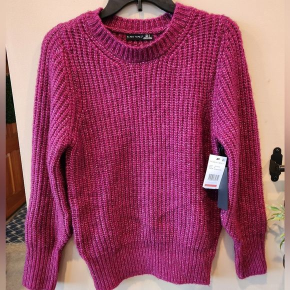 Black tape crewneck oversized thick sweater fuchsia - Picture 1 of 6